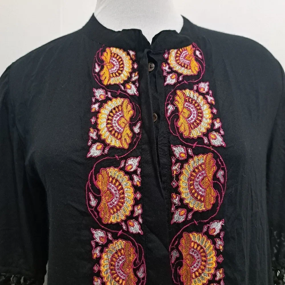 Tigerlily Embroidered Button Down Fringe Cardigan Cruise Dress Small Black
